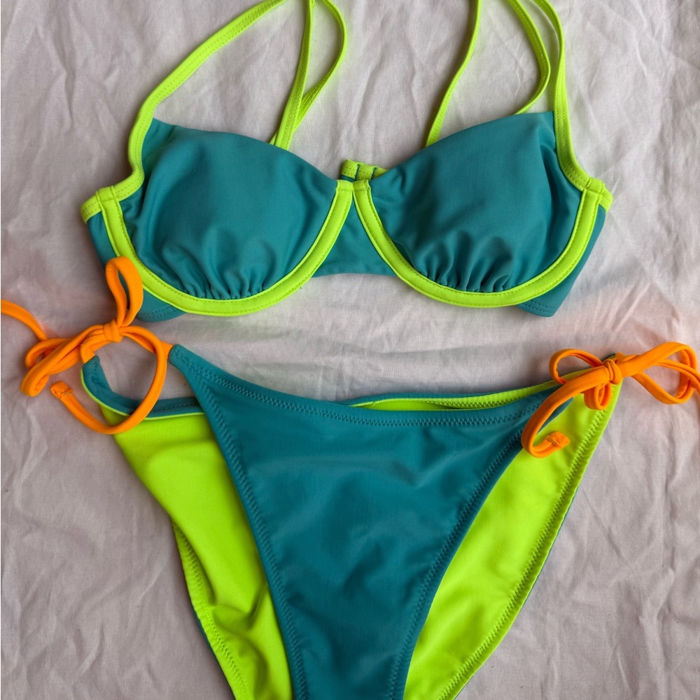 Vibrant Teal and Neon Green Bikini Set